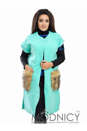 Кашемировое пальто - жилет с меховыми карманами 03332