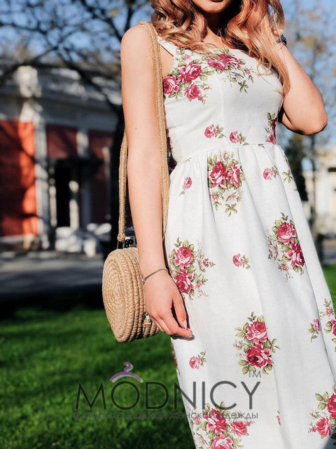 Платье Лен Цветы миди 4053, фото 2